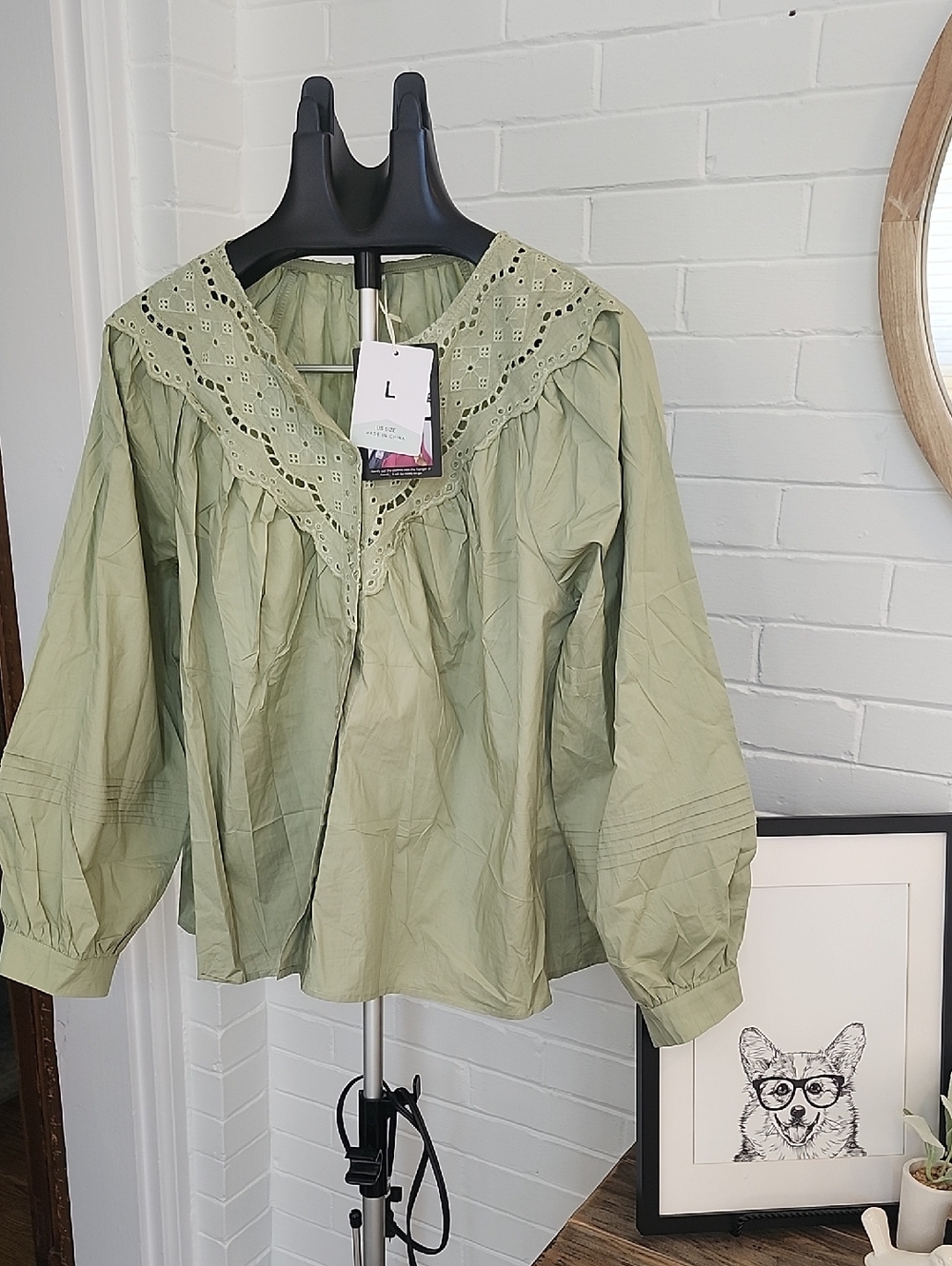 Light Olive Eyelet Collar Top, Womens Large
